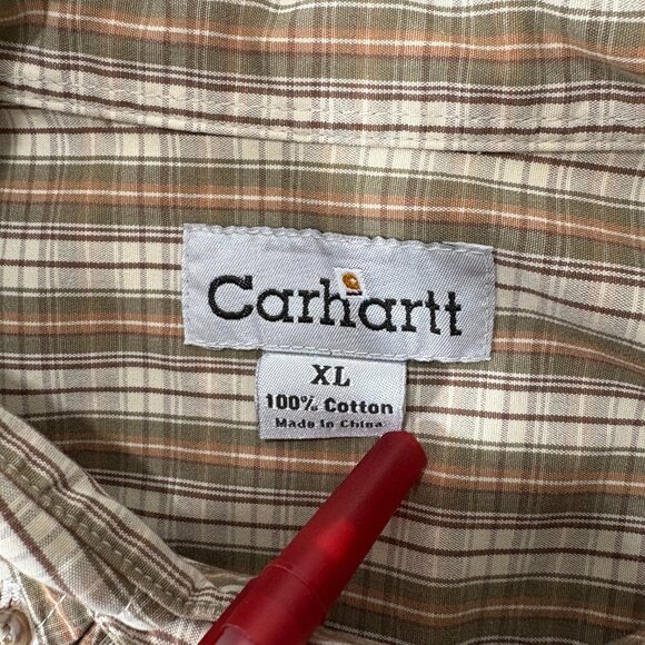 Carhartt XL Brown Plaid Button-Down Short-Sleeve Cotton Shirt - Picture 5 of 5